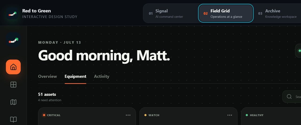 Fleet interface concept showing equipment health and active service issues