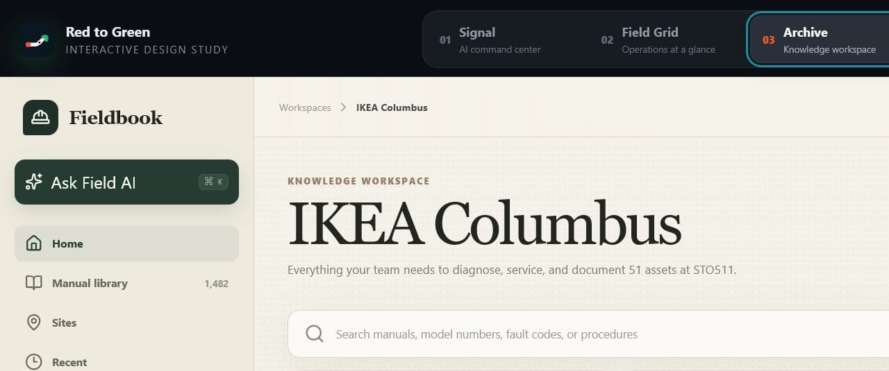 Manual workspace interface concept showing searchable equipment service documentation